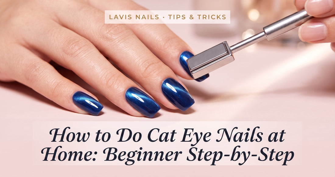 Hand demonstrating cat eye gel nail technique with magnet tool showing light reflecting effect - Lavis Nails