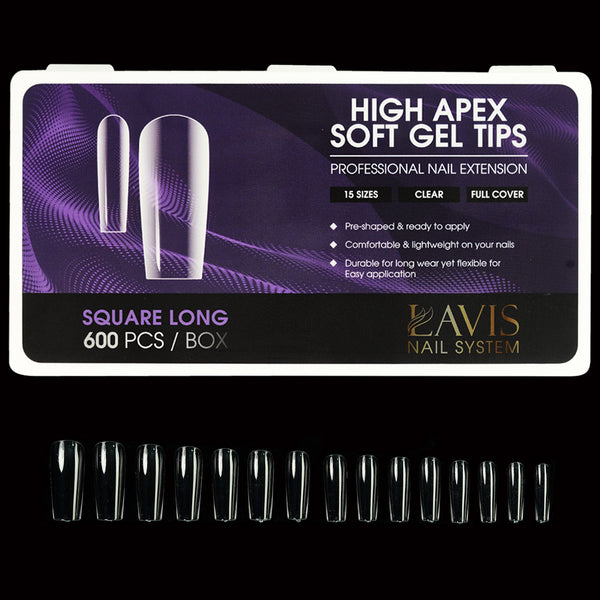 LAVIS Square Long - 15 Sizes Clear - Hilgh Apex Soft Gel Tips