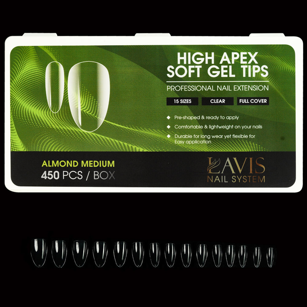 LAVIS Almond Medium - 15 Sizes Clear - Hilgh Apex Soft Gel Tips