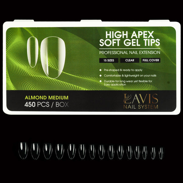 LAVIS Almond Medium - 15 Sizes Clear - Hilgh Apex Soft Gel Tips