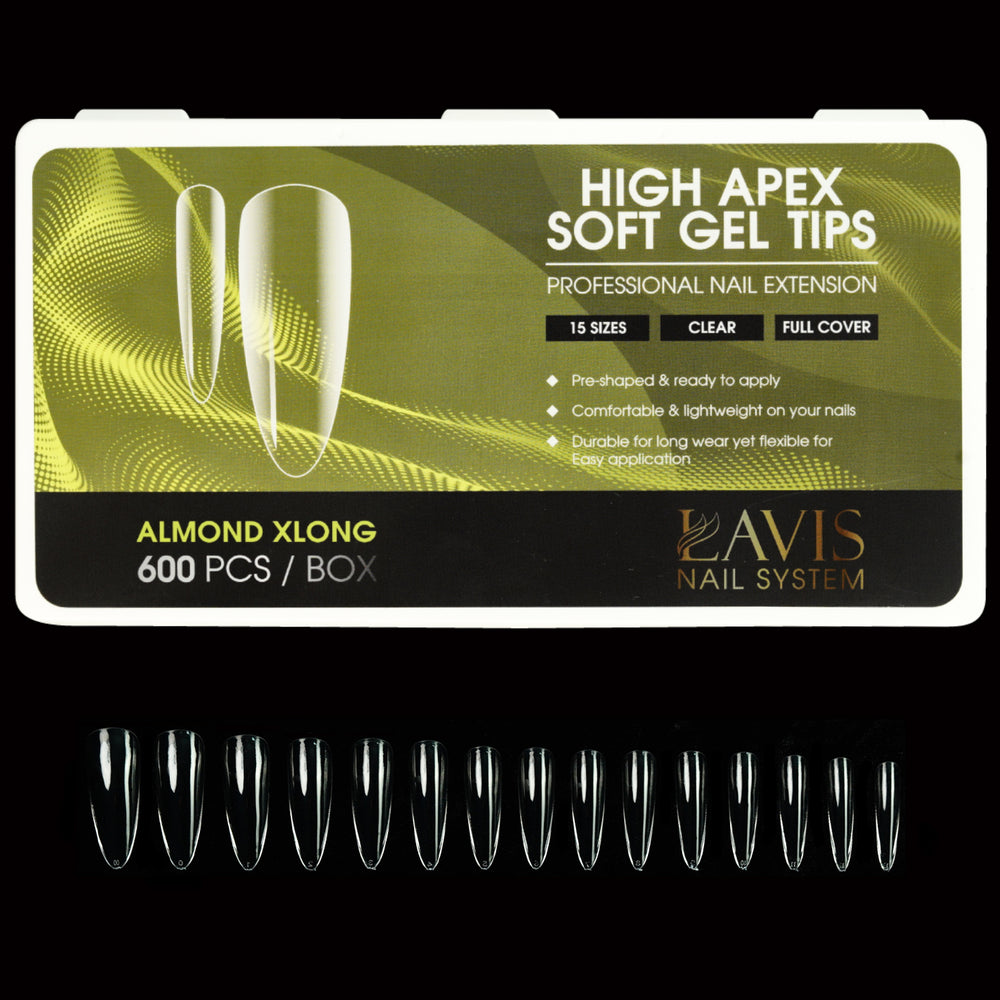 LAVIS Almond Xlong - 15 Sizes Clear - Hilgh Apex Soft Gel Tips