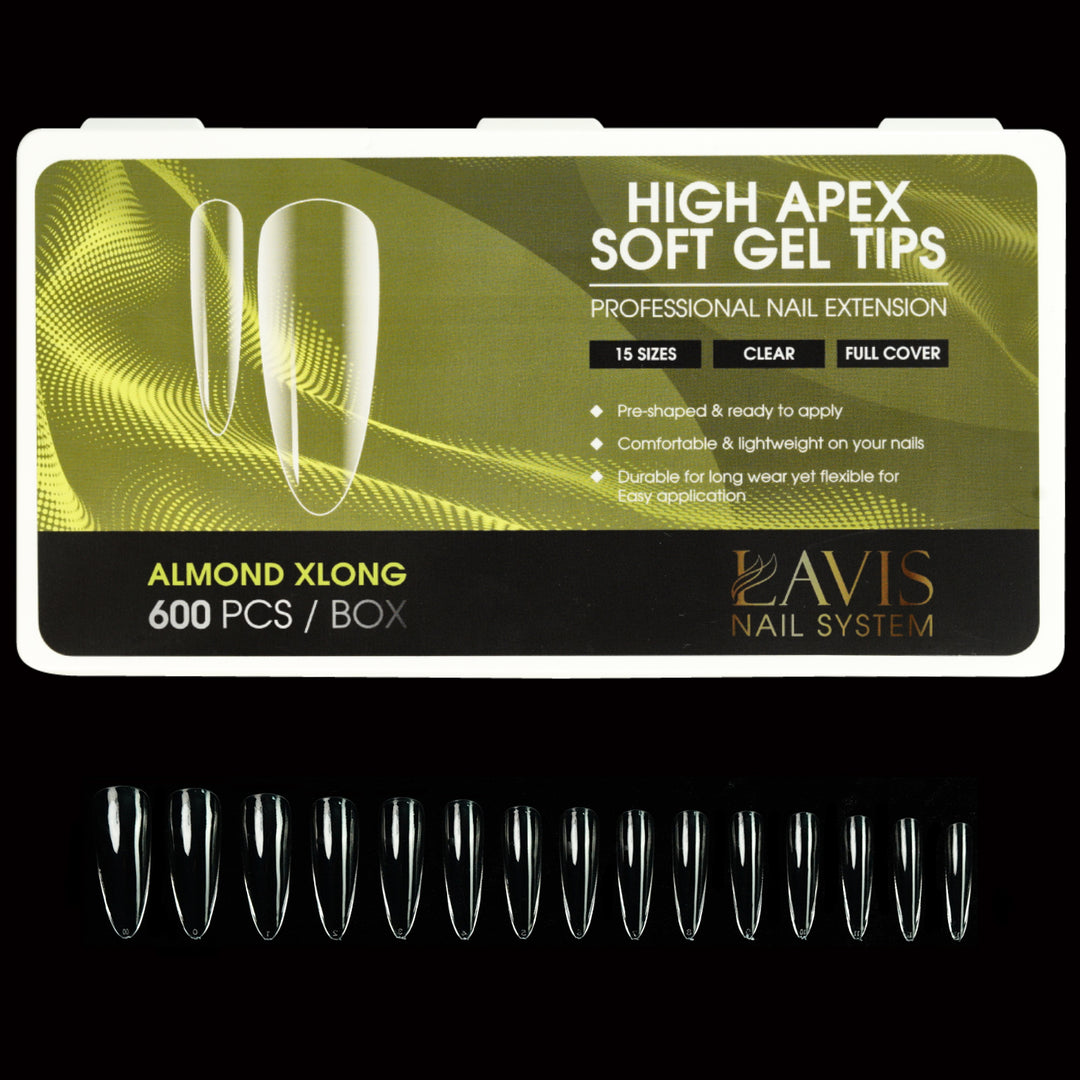 LAVIS Almond Xlong - 15 Sizes Clear - Hilgh Apex Soft Gel Tips