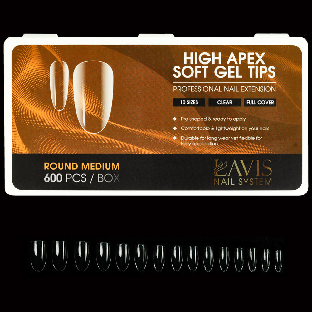 LAVIS Round Medium - 10 Sizes Clear - Hilgh Apex Soft Gel Tips