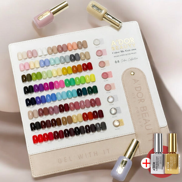 A'DOR HEMA-Free Gel Polish Set — 64 Colors Color Me Gel-ous Collection 0.4 oz + FREE A'Dor Base & Top