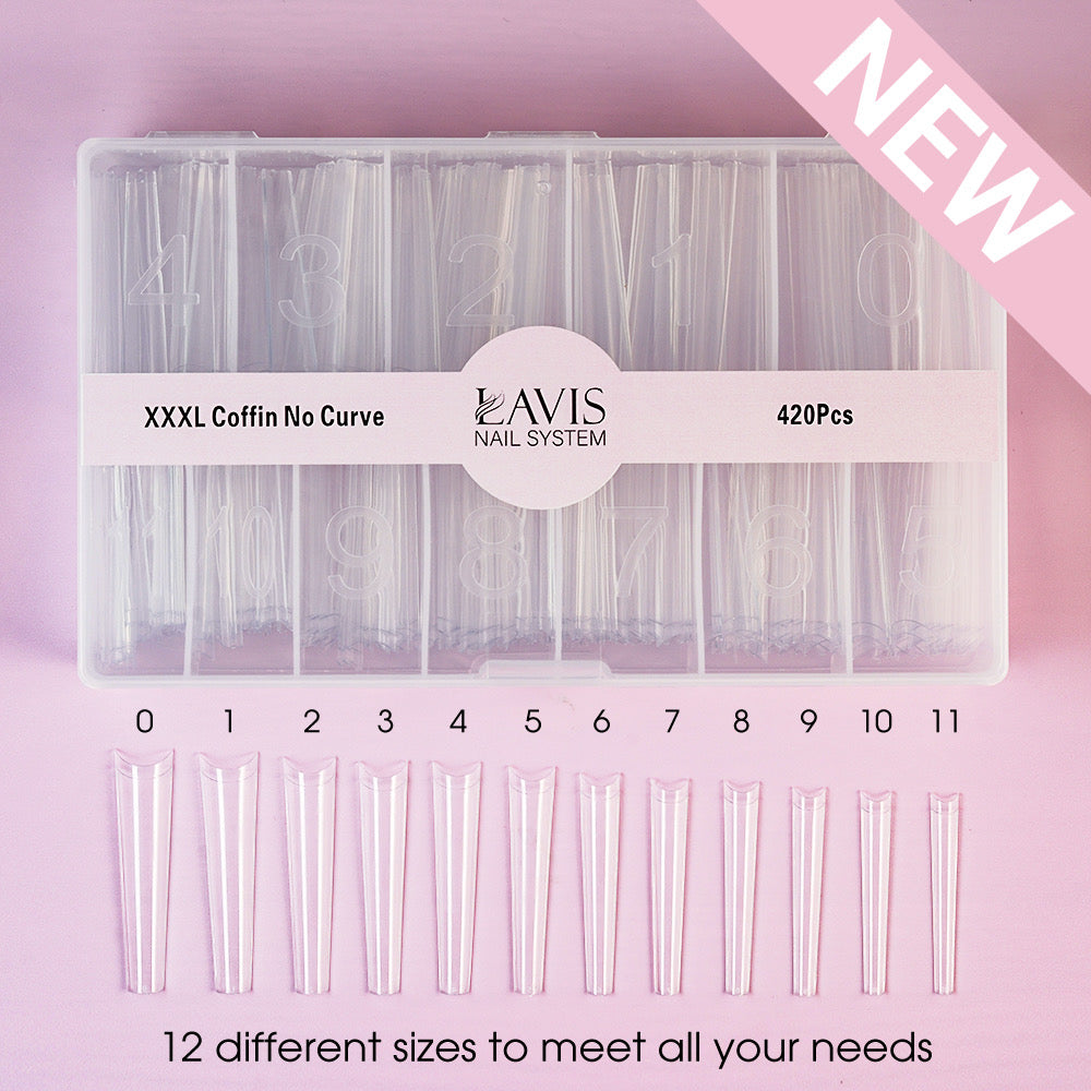  LAVIS - XXXL COFFIN NO CURVE - Clear - 420 Pcs by LAVIS NAILS TOOL sold by DTK Nail Supply