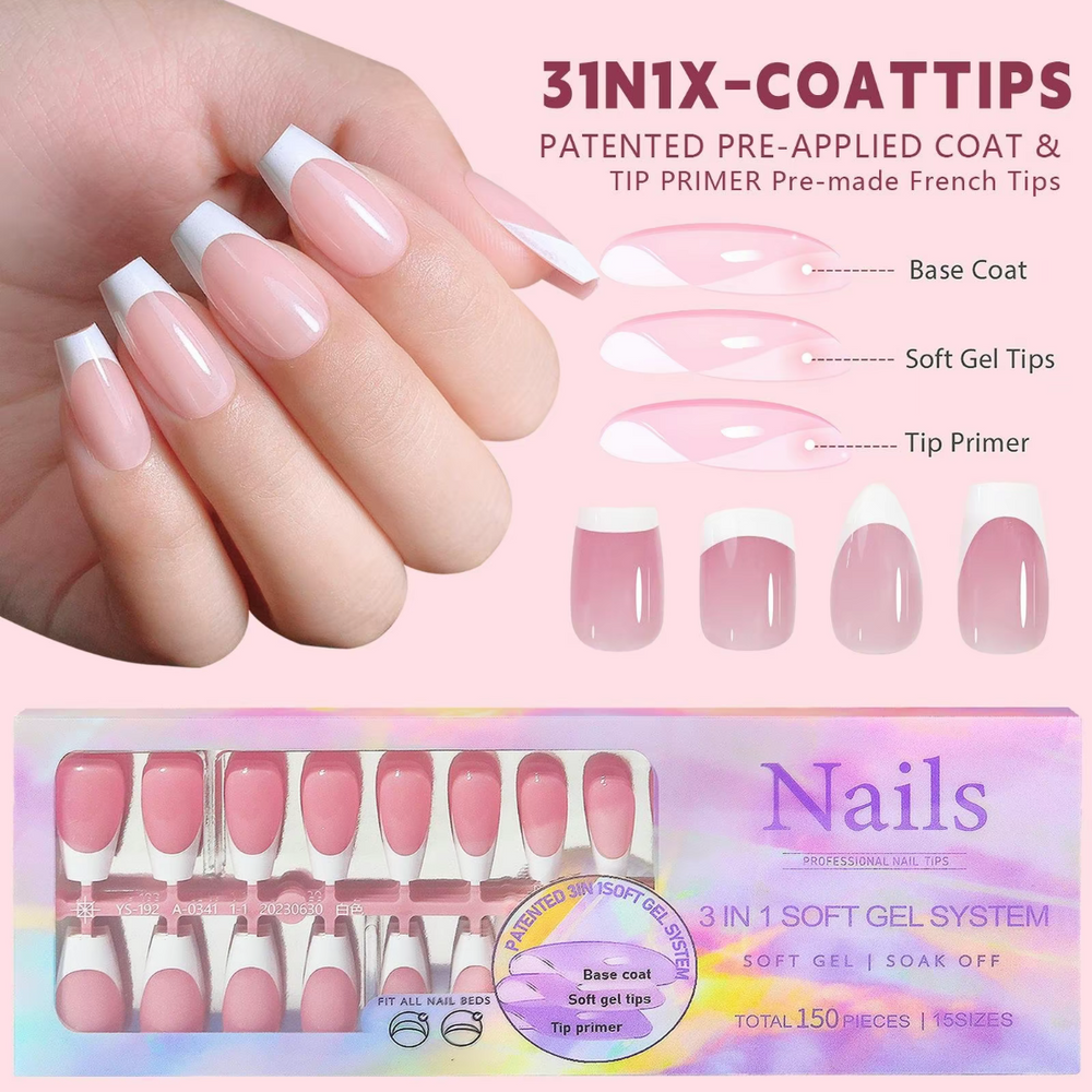 3-in-1 Coattips - French Nails Tips Full Cover Press on Nails - YS7