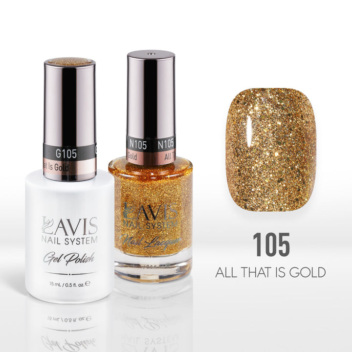 Lavis Gel Nail Polish Duo - 105 Gold, Glitter Colors - All That Is Gold