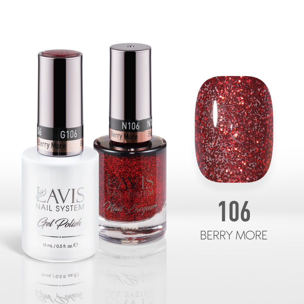 Lavis Gel Nail Polish Duo - 106 Red, Glitter Colors - Berry More