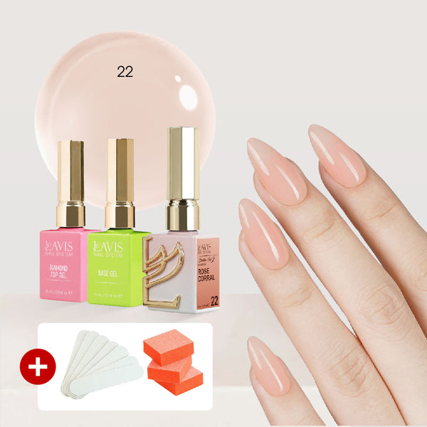 LAVIS Builder Gel in the Bottle Kit 3, FREE 5 MINI FILES + 3 BUFFERS: 22-Rose Corral, Base, Top - 15ml