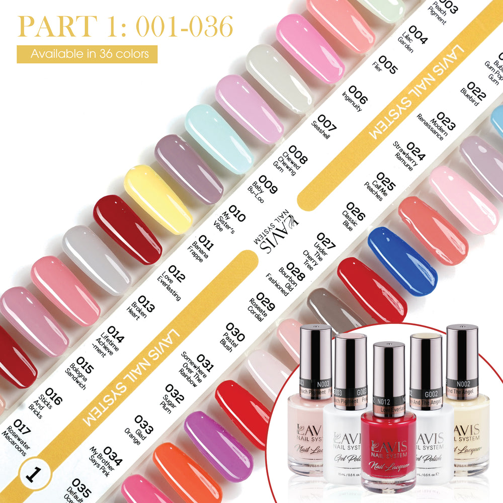 Lavis Gel Polish & Matching Nail Lacquer Duo Part 1: 001-036 (36 Colors)