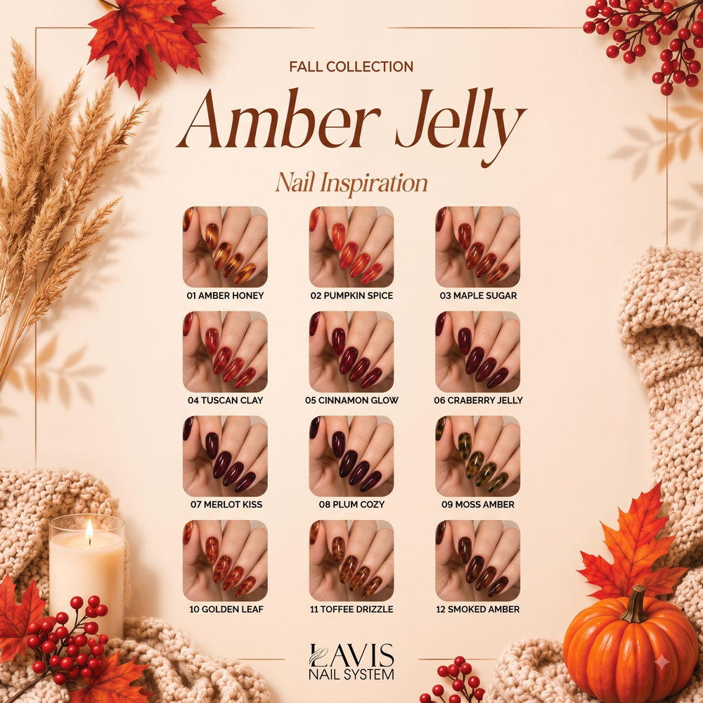 LAVIS Set 12 Colors - Gel Polish 0.5 oz - Amber Jelly Collection, FREE Color Sample + FREE 1 LAVIS Super Clear Cat Eye