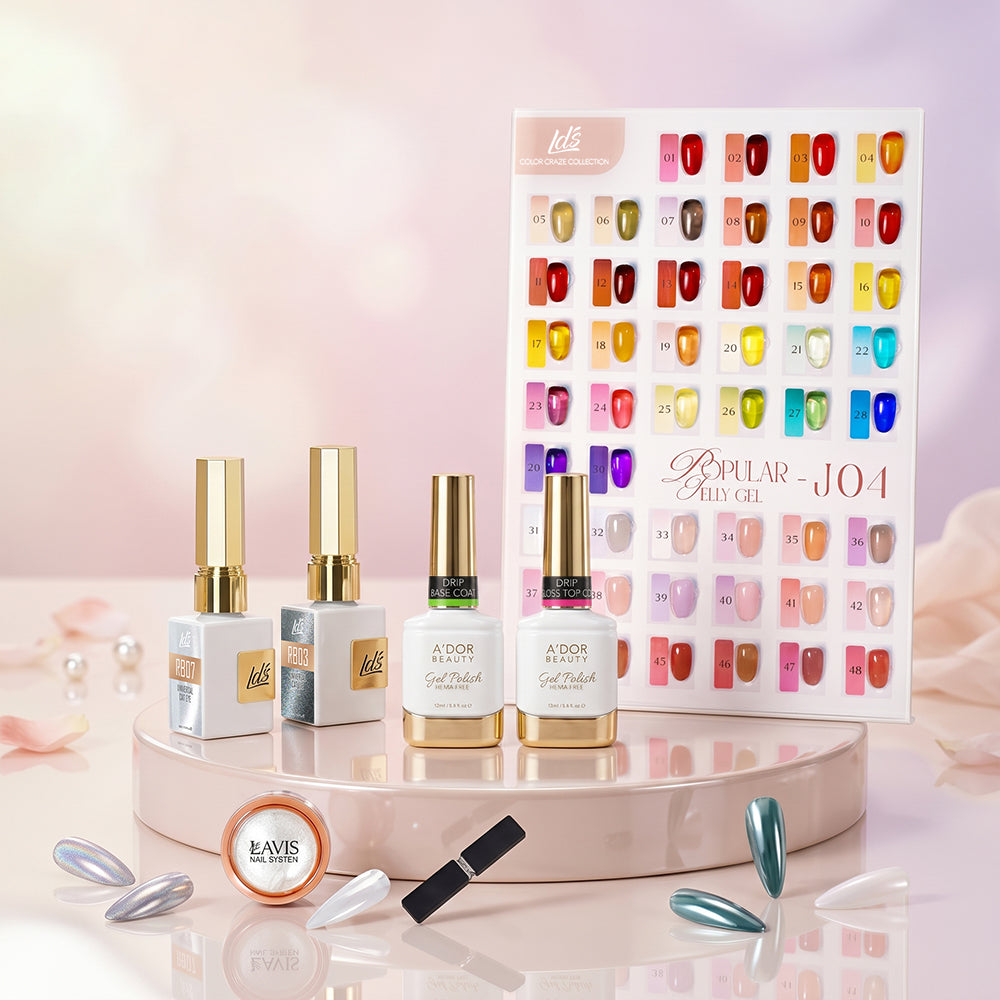 Buy LDS J04 Jelly Collection, FREE 1 LDS Moon Light Silver Cat Eye + 1 LDS Rain Bow Cat Eye + 1 Chrome Powder Super Clear + 2 A'Dor Drip Base Top + 1 Ribbon Magnet