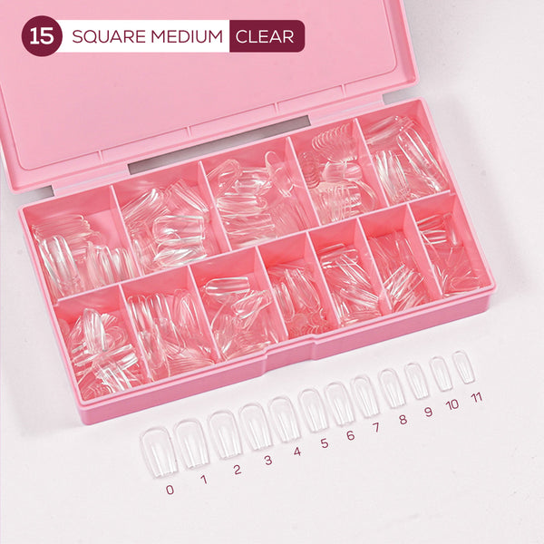 LDS - 15 Square Medium Clear Nail Tips (Full Cover)