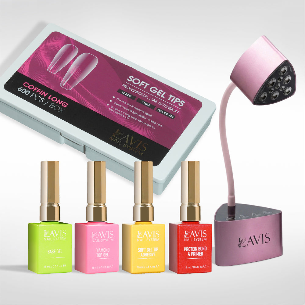 Lavis - Soft Gel Tips & Mini Desktop Nail Lamp Rose Gold Kit - Coffin Long Clear