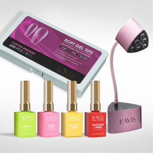 Lavis - Soft Gel Tips & Mini Desktop Nail Lamp Rose Gold Kit - Coffin Medium Clear