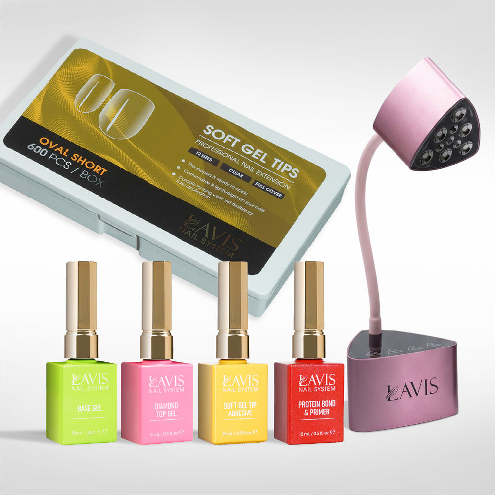 Lavis - Soft Gel Tips & Mini Desktop Nail Lamp Rose Gold Kit - Oval Short Clear