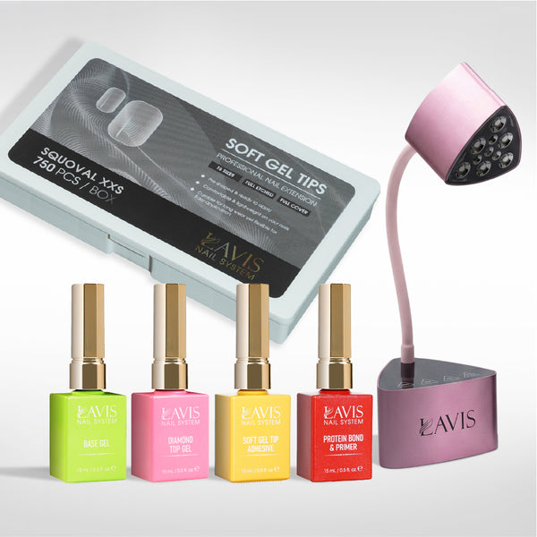Lavis - Soft Gel Tips & Mini Desktop Nail Lamp Rose Gold Kit - Squoval XXS Full Etched