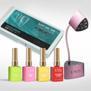 Lavis - Soft Gel Tips & Mini Desktop Nail Lamp Rose Gold Kit - Stiletto Medium Clear