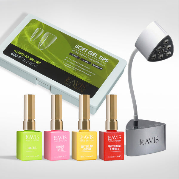 Lavis - Soft Gel Tips & Mini Desktop Nail Lamp Silver Kit - Almond Short Clear
