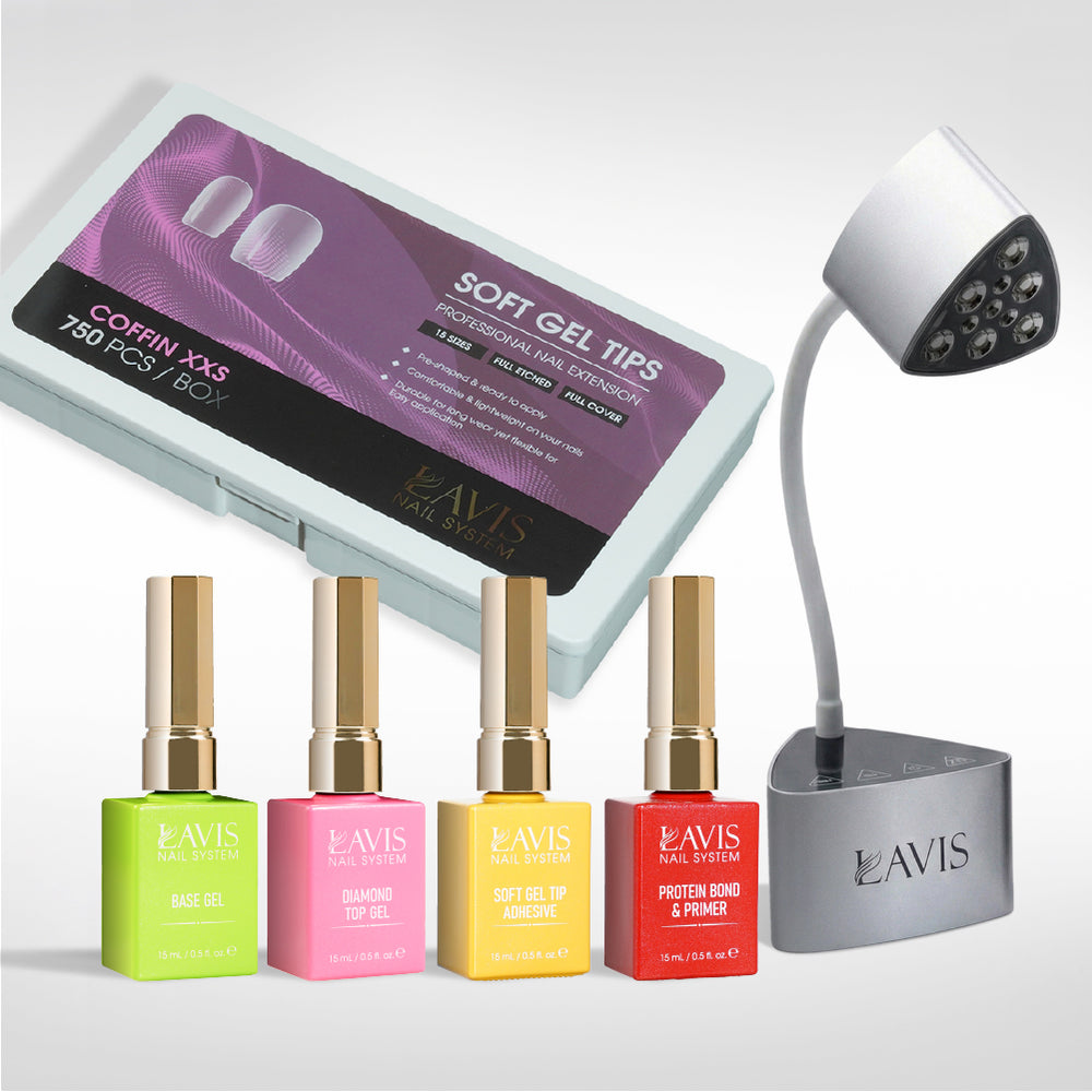 Lavis - Soft Gel Tips & Mini Desktop Nail Lamp Silver Kit - Coffin XXS Full Etched