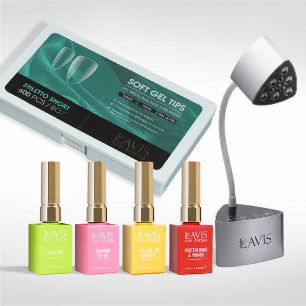 Lavis - Soft Gel Tips & Mini Desktop Nail Lamp Silver Kit - Stiletto Short Clear