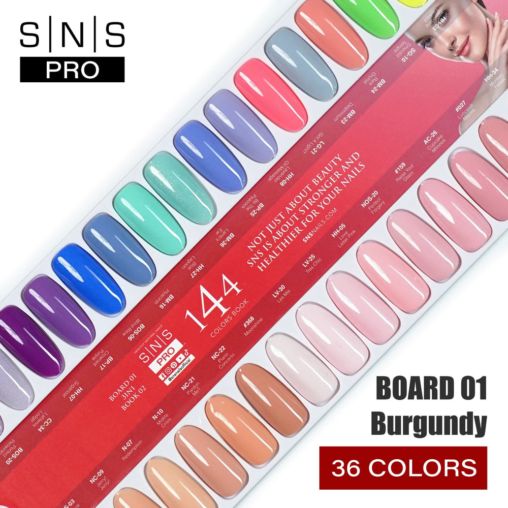 SNS Pro 3 in 1 - Board 1 Burgundy (001 - 036) - Dip, Gel & Lacquer Matching