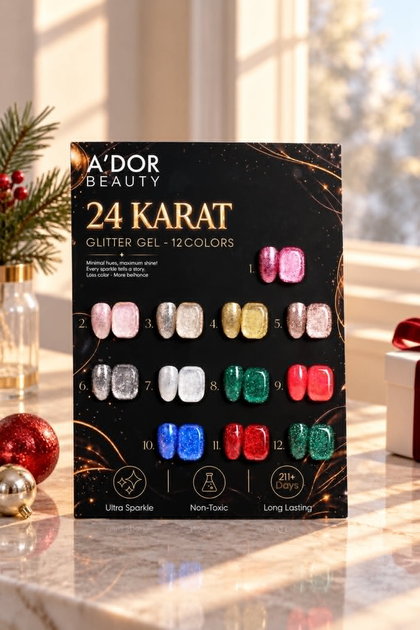 A'DOR 24 Karat Glitter Gel Set 12 Colors + FREE A'DOR Diamond Top Coat + FREE Sample Set