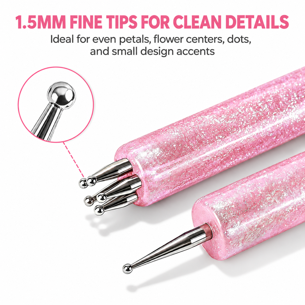 Flower Dotting Pen - Dual-Ended Nail Art Pen with Pink Glitter Handle