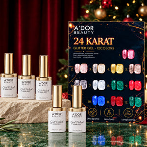A'DOR 24 Karat Glitter Gel - Set 12 Colors - HEMA & TPO Free - 0.4 oz