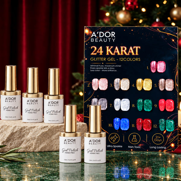 A'DOR 24 Karat Glitter Gel - Set 12 Colors - HEMA & TPO Free - 0.4 oz