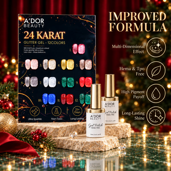 A'DOR 24 Karat Glitter Gel - Set 12 Colors - HEMA & TPO Free - 0.4 oz