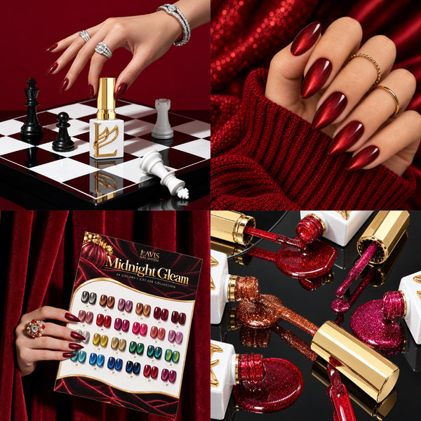 LAVIS Cat Eyes C18 - Set 24 Colors - Gel Polish 0.5 oz - Midnight Gleam Collection + FREE Sample Color Board + FREE LAVIS Aurora Chrome Powder Jar + FREE A'DOR Drip Gloss Base & Top Coat Set