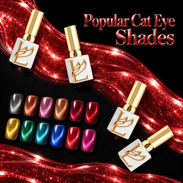 LAVIS Cat Eyes C18 - Set 24 Colors - Gel Polish 0.5 oz - Midnight Gleam Collection + FREE Sample Color Board + FREE LAVIS Aurora Chrome Powder Jar + FREE A'DOR Drip Gloss Base & Top Coat Set