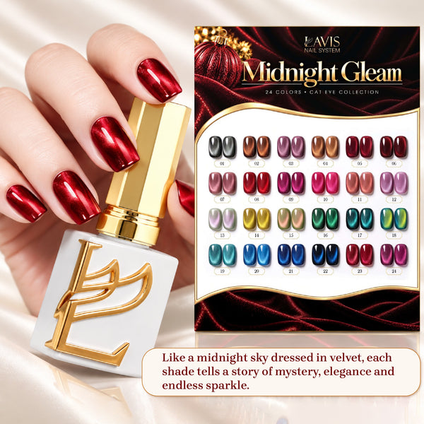 LAVIS Cat Eyes C18 - Set 24 Colors - Gel Polish 0.5 oz - Midnight Gleam Collection + FREE Sample Color Board + FREE LAVIS Aurora Chrome Powder Jar + FREE A'DOR Drip Gloss Base & Top Coat Set