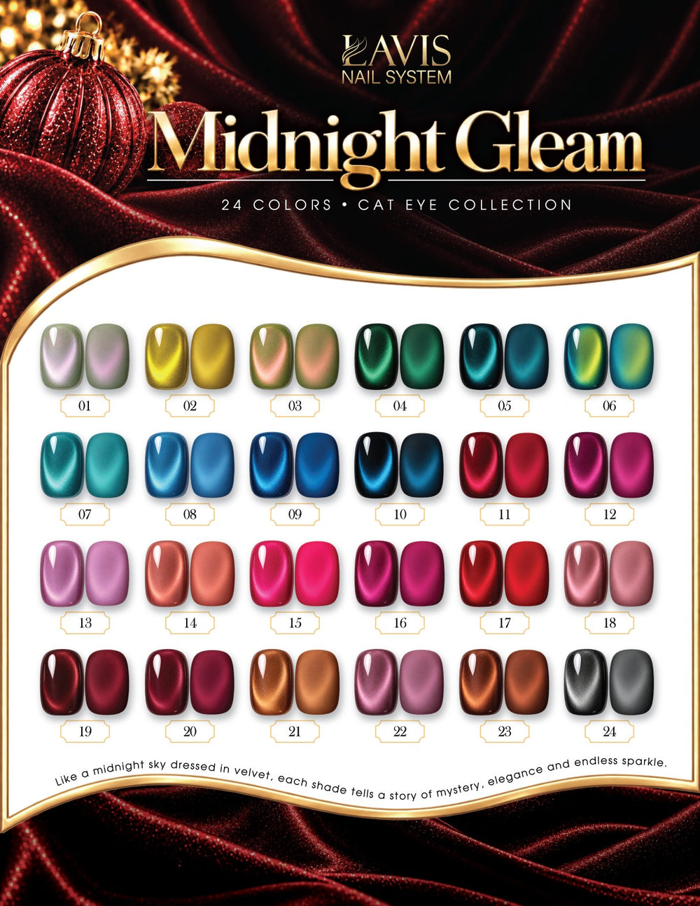 LAVIS Cat Eyes C18 - Set 24 Colors - Gel Polish 0.5 oz - Midnight Gleam Collection + FREE Sample Color Board + FREE LAVIS Aurora Chrome Powder Jar + FREE A'DOR Drip Gloss Base & Top Coat Set