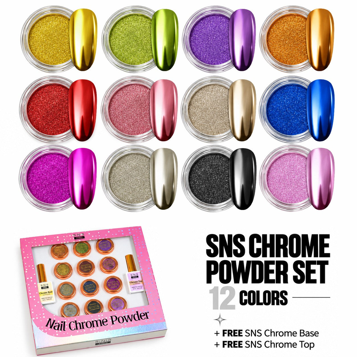 SNS Chrome Powder Set 12 Colors + Base & Top - Lavis Nails