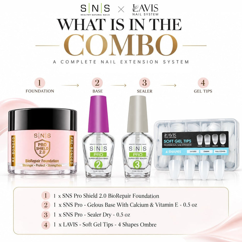 SNS Pro Shield 2.0 Combo - BioRepair Foundation, Gelous Base, Sealer Dry 0.5 oz, LAVIS Soft Gel Tips 4 Shapes
