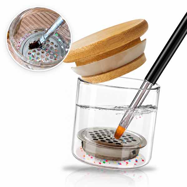 Nail Art Brush Washing Cup - Glass with Bamboo Lid and Steel Mesh