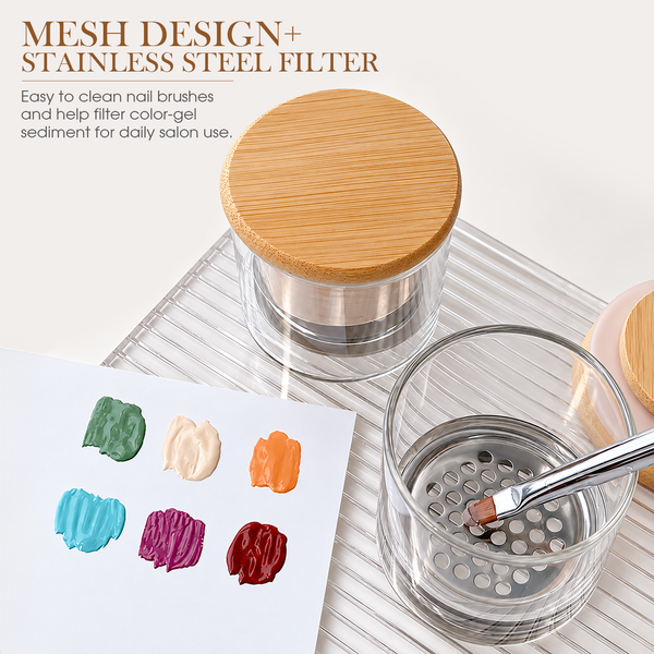Nail Art Brush Washing Cup - Glass with Bamboo Lid and Steel Mesh