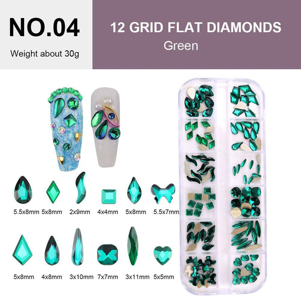  12 Grids Flat Diamonds Rhinestones #04 Green by Rhinestones sold by DTK Nail Supply