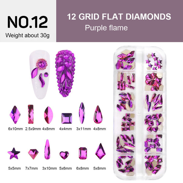 12 Grids Flat Diamonds Rhinestones #12 Purple Flame