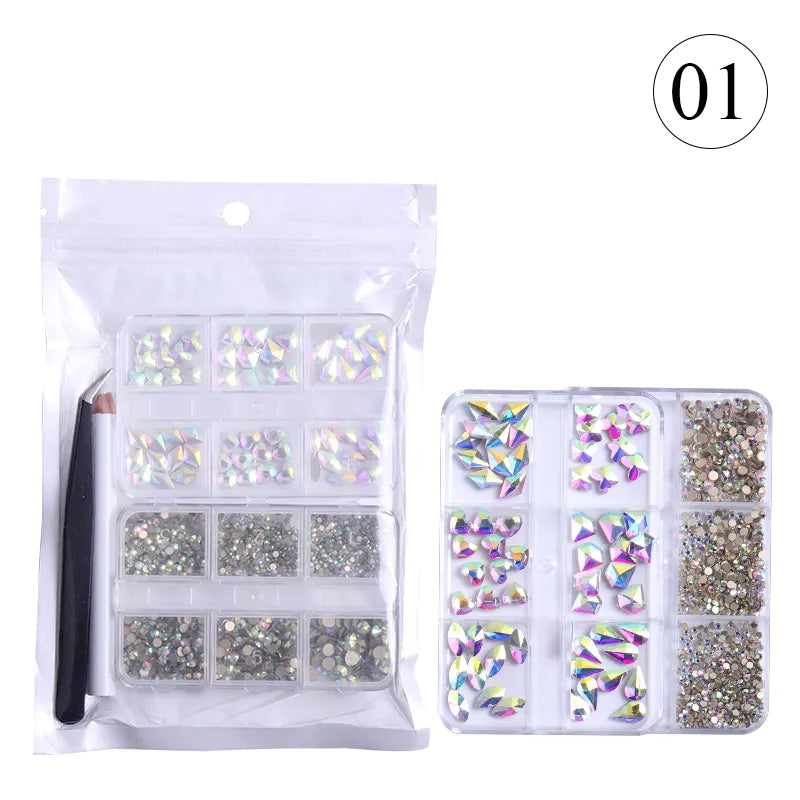 Crystal Rhinestones Gems for Nails Design Mix 6 Shapes Crystal Diamonds Stone Bling with Tweezers for Nail Art DIY Craft 01 - Crystal AB