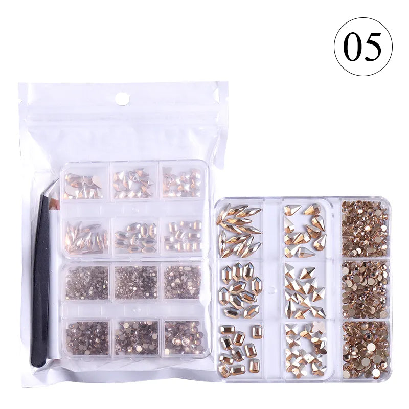 Crystal Rhinestones Gems for Nails Design Mix 6 Shapes Crystal Diamonds Stone Bling with Tweezers for Nail Art DIY Craft 05 - Matcha