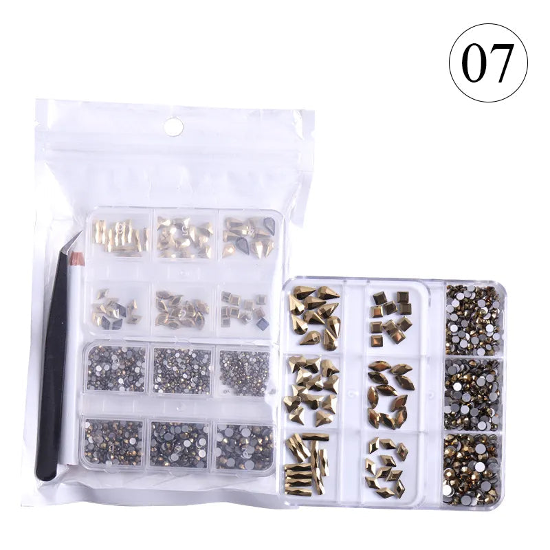 Crystal Rhinestones Gems for Nails Design Mix 6 Shapes Crystal Diamonds Stone Bling with Tweezers for Nail Art DIY Craft 07 - Champagne Gold