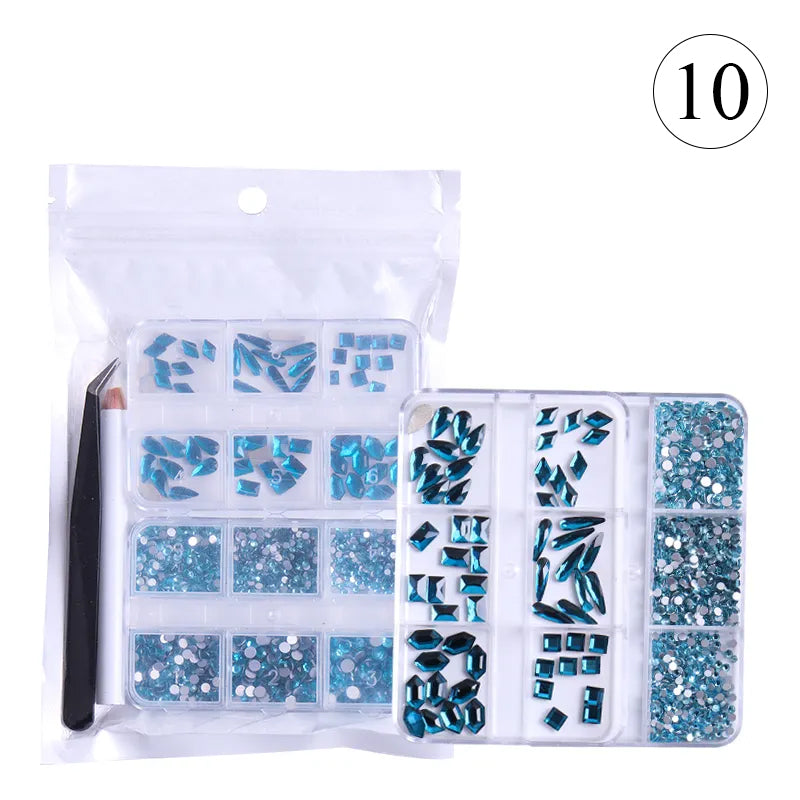 Crystal Rhinestones Gems for Nails Design Mix 6 Shapes Crystal Diamonds Stone Bling with Tweezers for Nail Art DIY Craft 10 - Aqua Bohemica