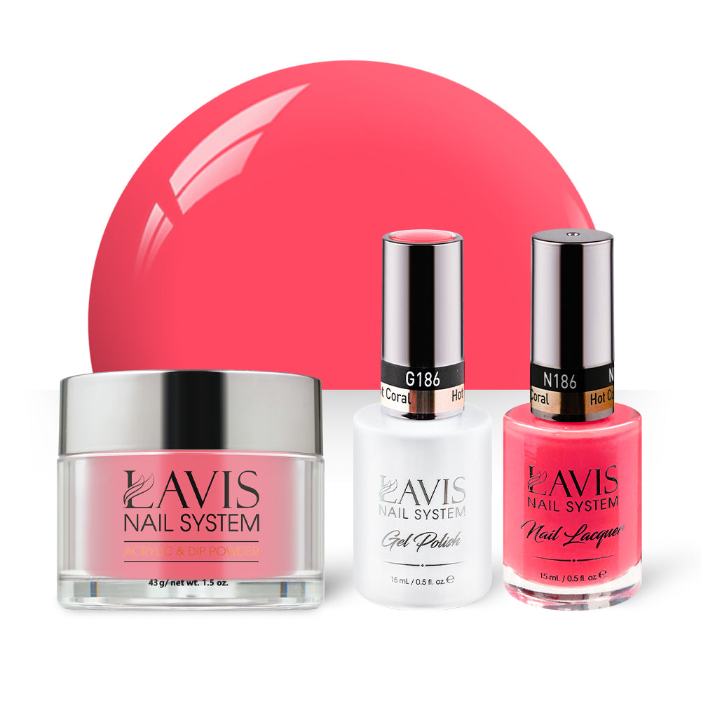 LAVIS 3 in 1 - 186 Hot Coral - Acrylic & Dip Powder, Gel & Lacquer