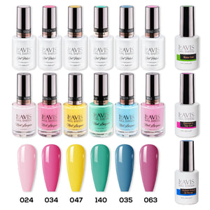 LAVIS Gel & Matching Lacquer Starter Summer Set G10: 024, 034, 047, 140, 035, 063, Base,Top & Bond Primer