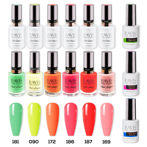 LAVIS Gel & Matching Lacquer Starter Summer Set G11: 181, 090, 172, 186, 187, 169, Base,Top & Bond Primer