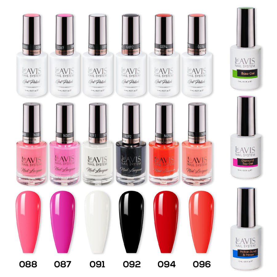 LAVIS Gel & Matching Lacquer Starter Summer Set G2: 088, 087, 091, 092, 094, 096, Base,Top & Bond Primer