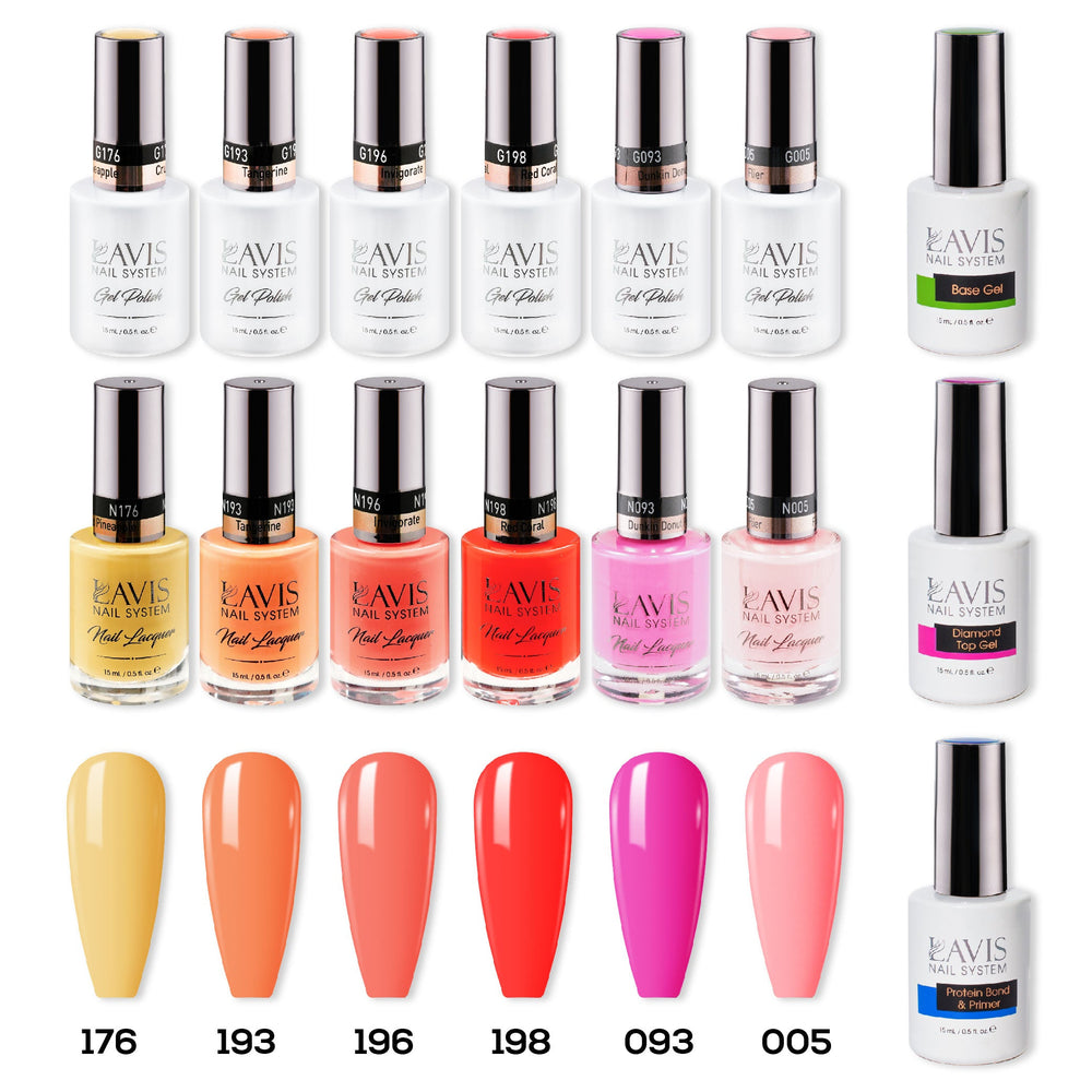 LAVIS Gel & Matching Lacquer Starter Summer Set G4: 176, 193, 196, 198, 093, 005, Base,Top & Bond Primer